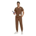thumbnail image 5 of Men's Workwear Scrubs 2-Piece Uniform Set, Solid Color Cross V-Neck Short Sleeve Pocket Tee and Pants, For Medical Nursing Professionals,Brown,2XL, 5 of 5