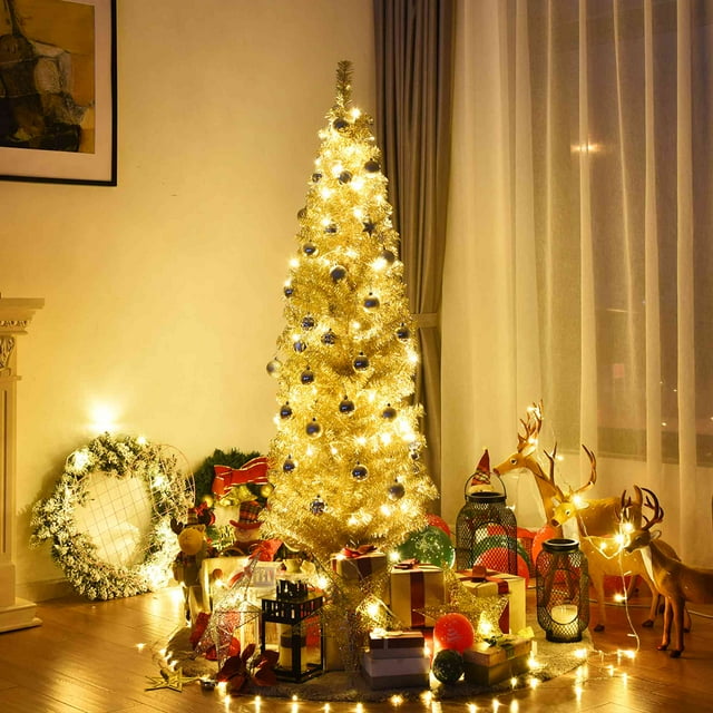 Costway 6FT Champagne Gold Tinsel Tree Unlit Slim Pencil Christmas Tree with Metal Stand