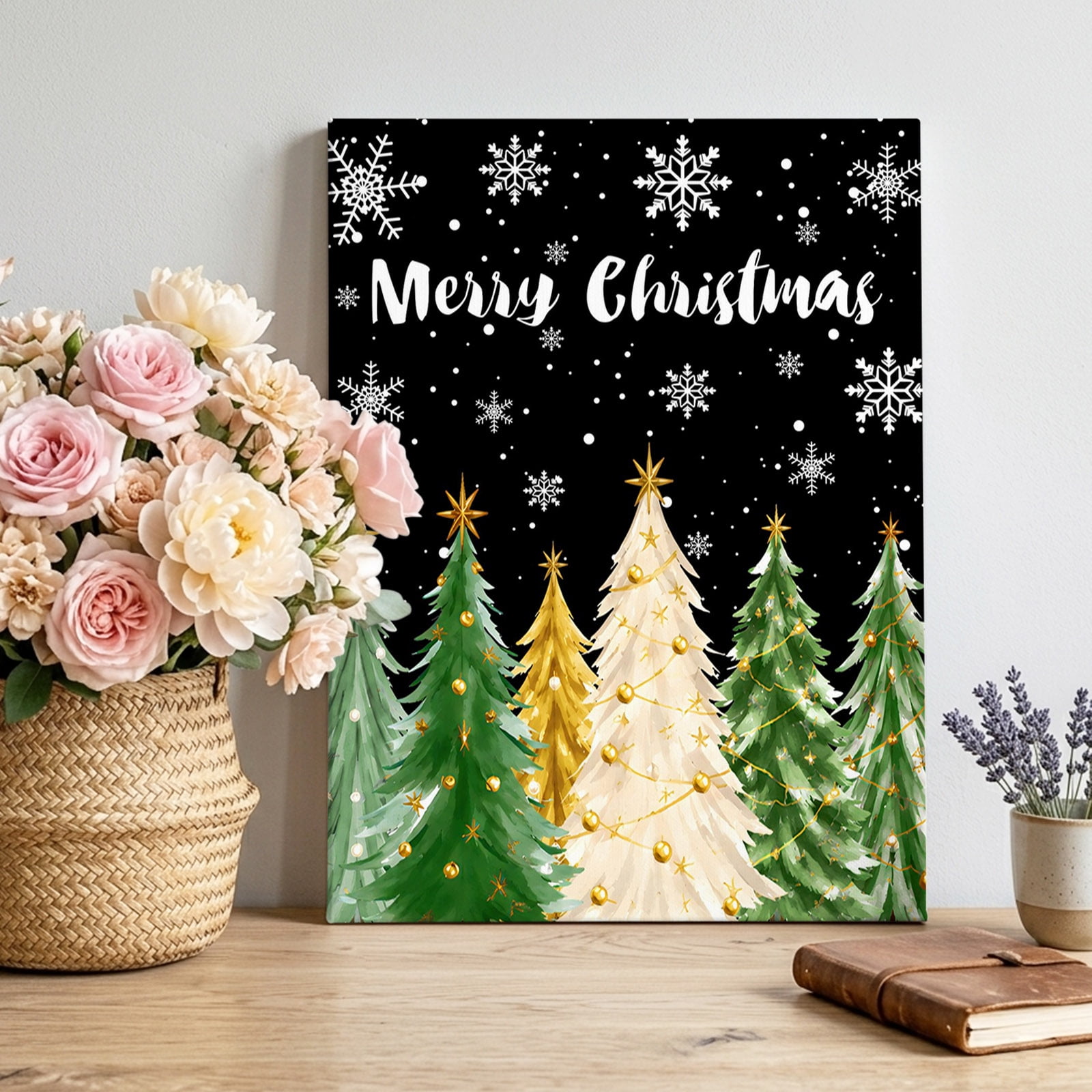 Merry Christmas Canvas Wall Art Rustic Green Christmas Tree Star Topper Snowflake Pictures Wall Decor Wooden Framed Artwork Art Prints for Living Room Hallway Bedroom Office 12 x18