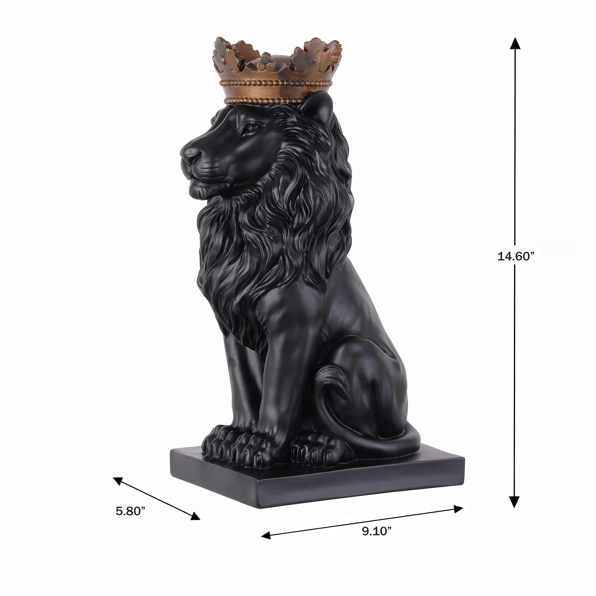 14.5" H Black Sitting Lion W/ Gold Crown Resin Statue Statue Home Decor Living Room Display