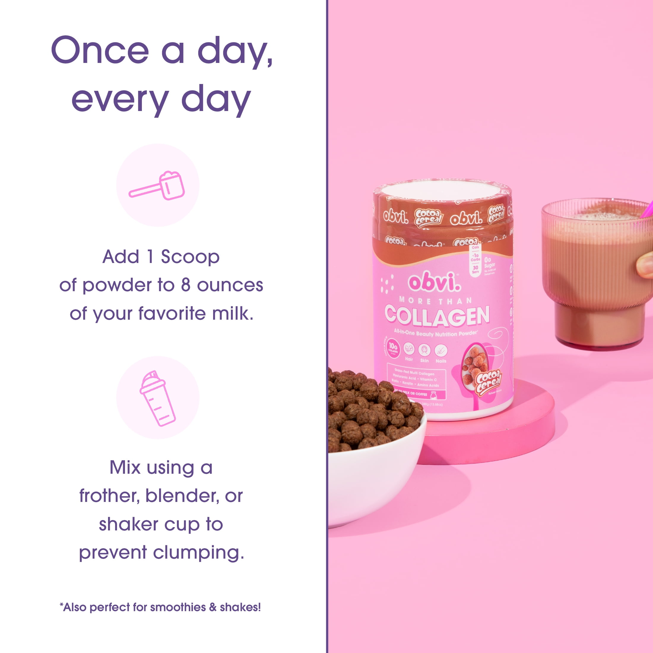 Obvi More than Collagen Peptides Powder, Cocoa Cereal, 30 Servings, 13.68 oz, 10g Collagen