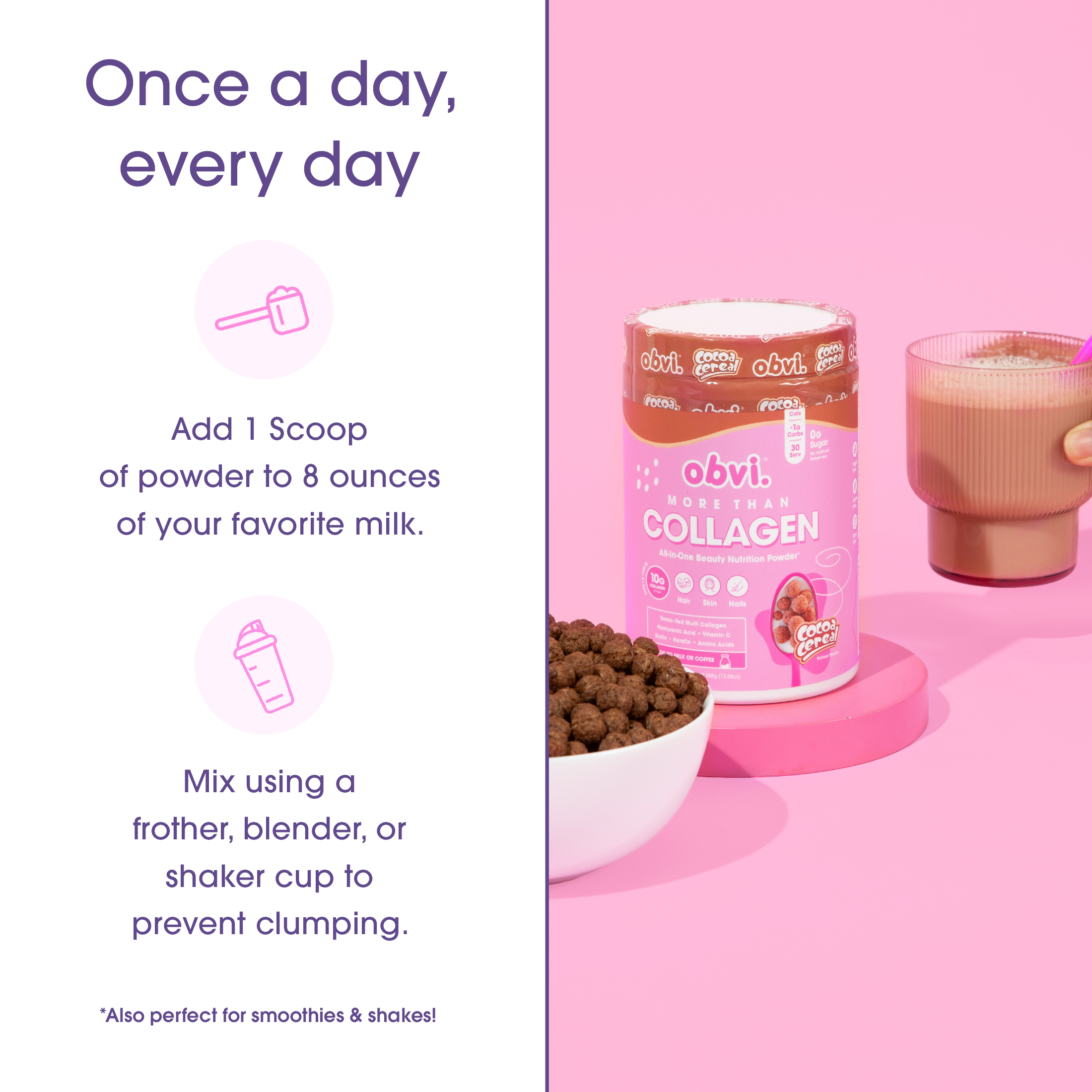 Obvi More than Collagen Peptides Powder, Cocoa Cereal, 30 Servings, 13.