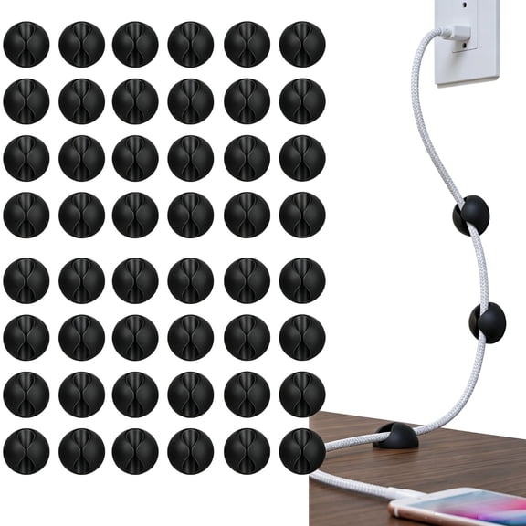 FGHAWQOW 48Pcs Black Self‑Adhesive Cable Clips, Cord Organizer Wire Holder For Desk Office Nightstand Charging Cable Management