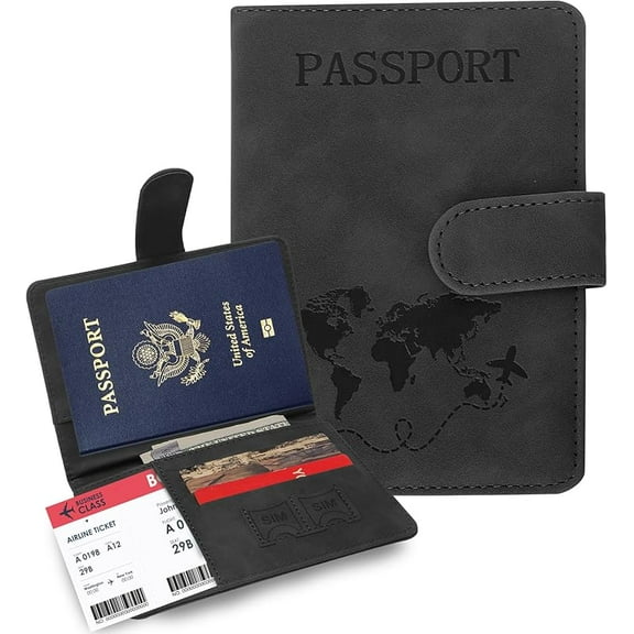 Passport Holders, RFID Blocking Credit Card Holder, PU Leather Vaccine Card Holders for Travel with Magnetic Buckle, Travel Must Haves Cruise Ship Essentials for Men, Women (Black)