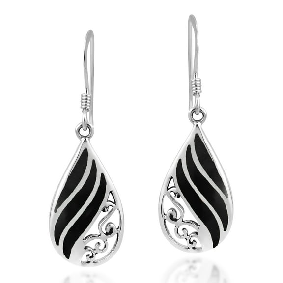 Swirl Rainbow Teardrop Black Onyx Sterling Silver Dangle Earings