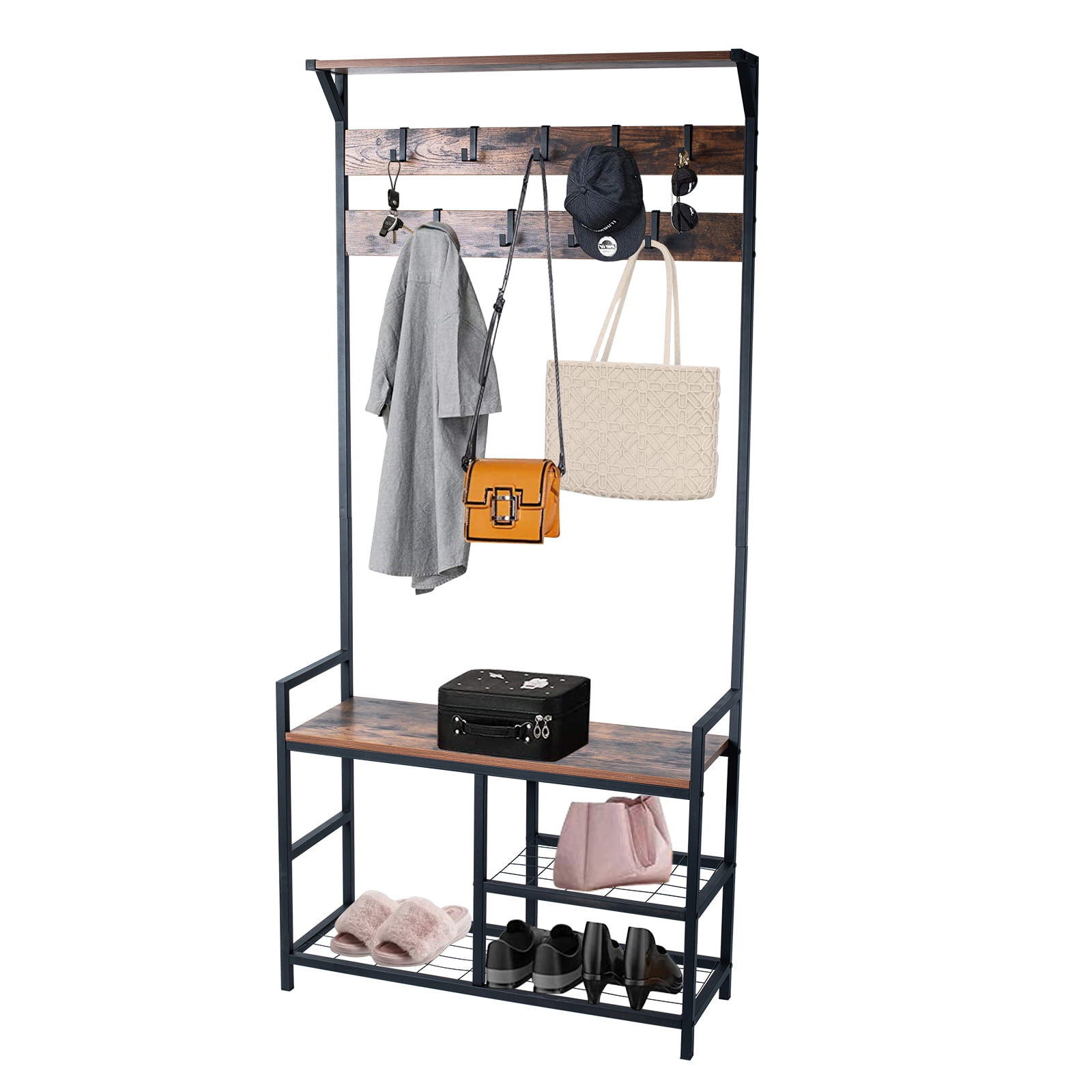 Ktaxon Wood Entryway Hall Tree Coat Rack Stand with Shoe Storage Bench