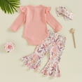 thumbnail image 4 of Mercatoo Toddler Baby Girl Fall Winter Outfits Rib Frill Long Sleeve Romper Floral Flared Pants Headband Set 3pcs Clothes, 4 of 6