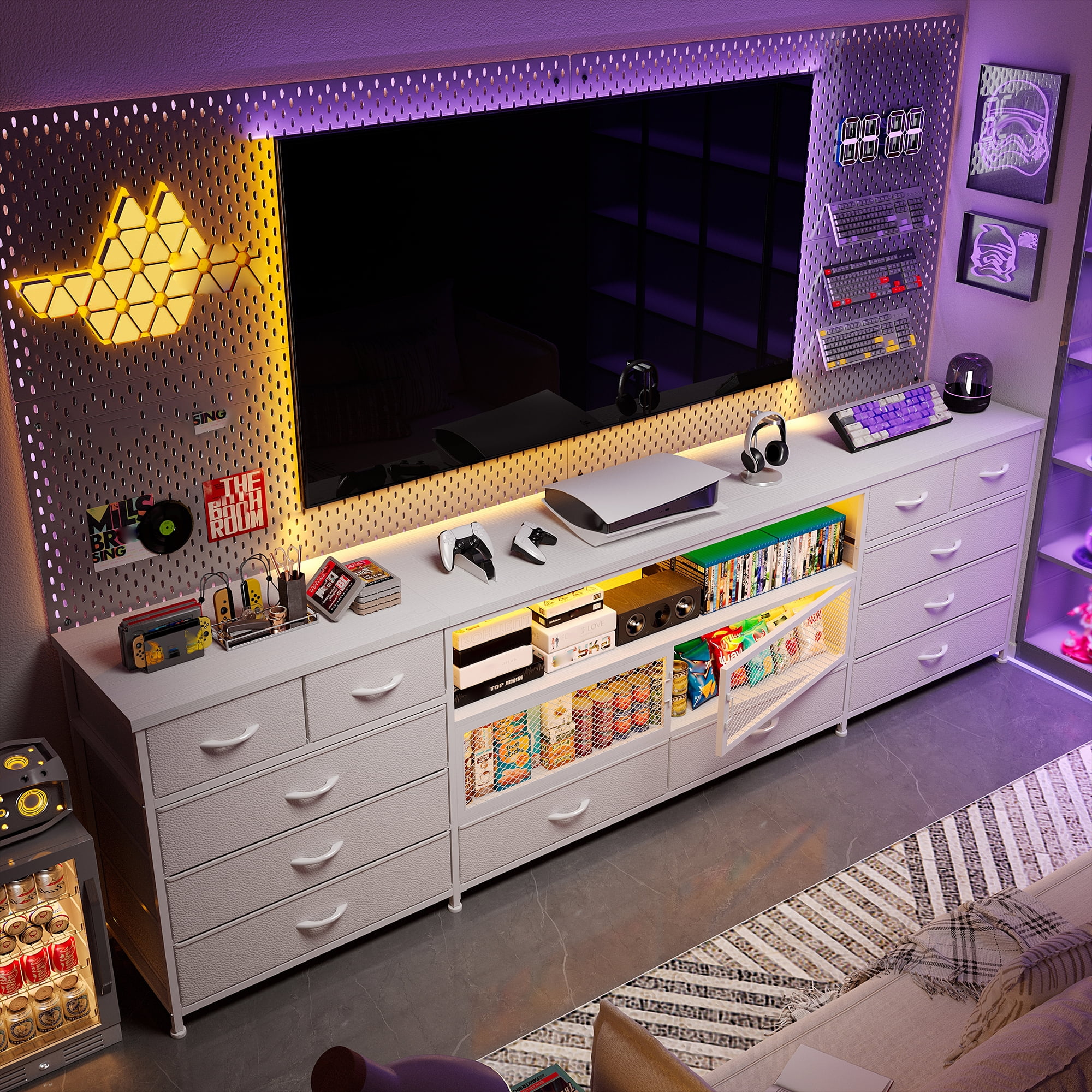 EnHomee TV Stand for Bedroom White Dresser with Drawers TV Console Table with Storage & LED & Charge Station
