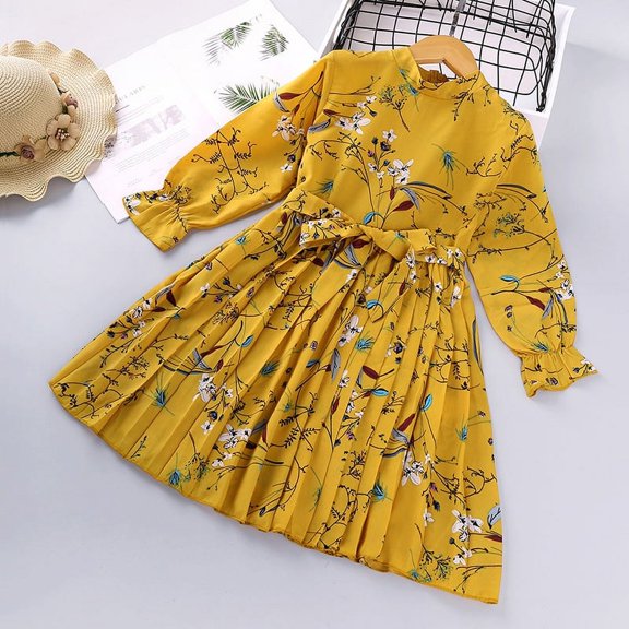 Yidarton Girls' dresses 2022 autumn new Korean version of the print long-sleeved children's princess dress 5-6Y
