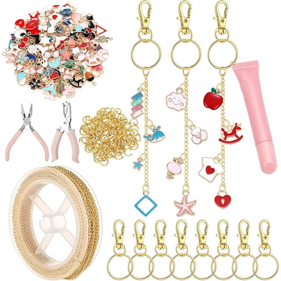 Januofit  213 Pcs Lip Gloss Keychain Making Kit 100 Pink Enamel Charms 32.81 ft Gold Chains for DIY Crafts Women(Stylish)