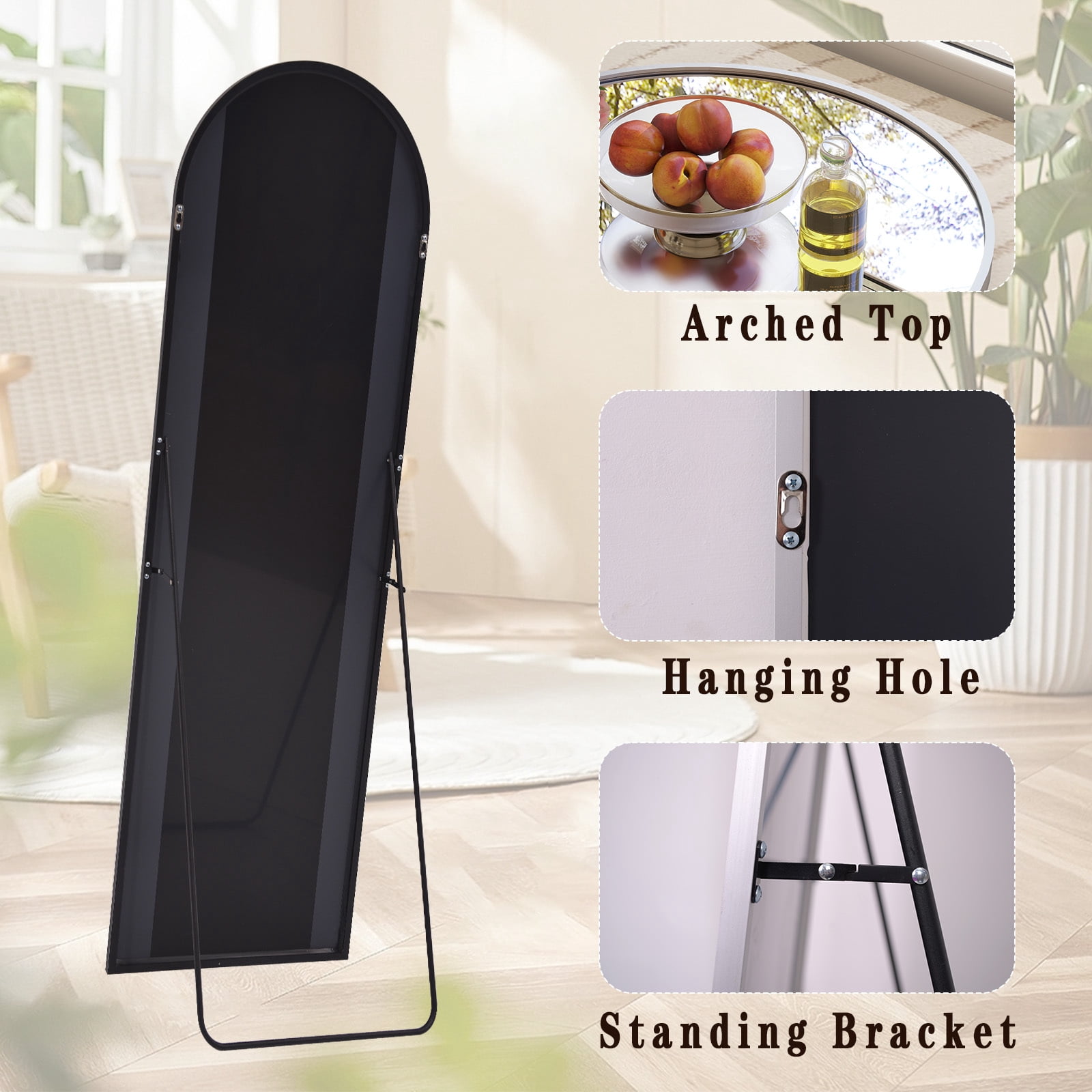 Anyrose 59.1"x16" Arched Full Length Mirror Metal Frame Floor Mirror with Stand, Black