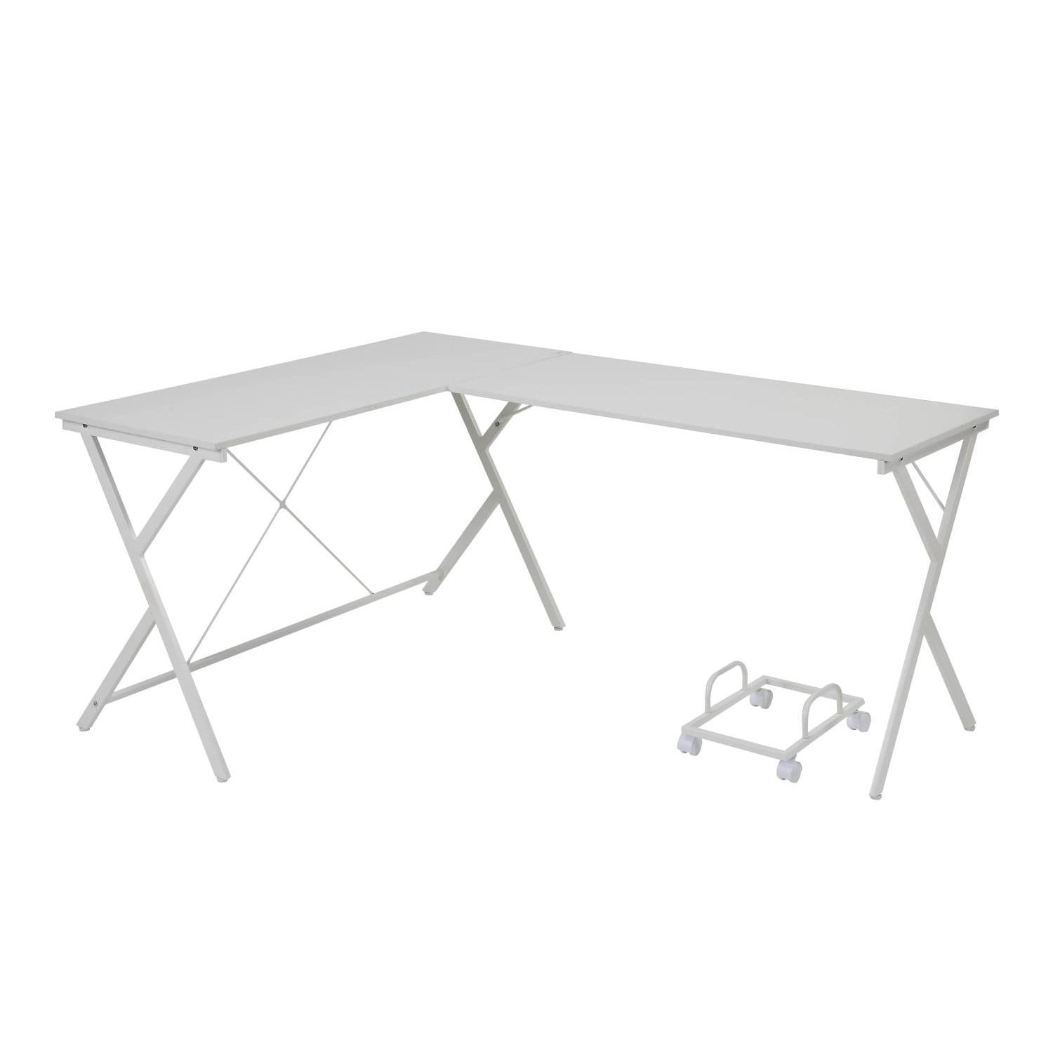 L-Shaped Corner Computer Desk with Metal Frame and Rolling CPU Holder for Home Office and Study