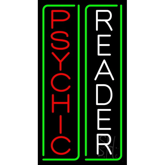Vertical Red Psychic White Reader Green Border LED Neon Sign 37" Tall x 20" Wide - inches Black Square Cut Acrylic Backing, with Dimmer - Bright and Premium built indoor LED Neon Sign for Storefront.