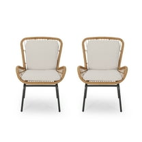 GDF Studio Malden Outdoor Wicker Club Chairs with Cushions, Set of 2, Iron, Beige, and Black