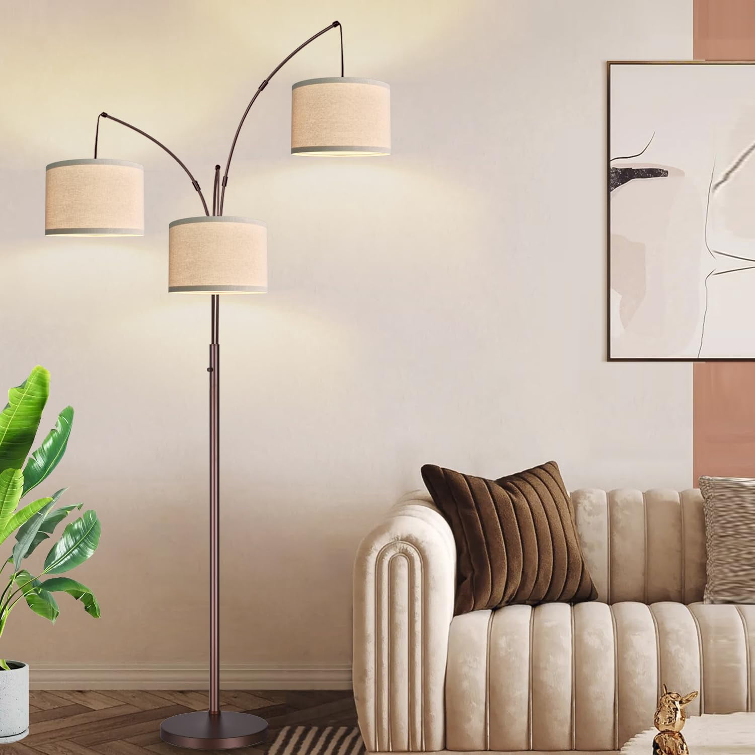 Dimmable Floor Lamp - 3 Lights Arc Lamps For Living Room  1000lm Modern Tall Standing With Beige Shades Mid Century Tree Bedroom Office 3 Led Bulbs Included Brown