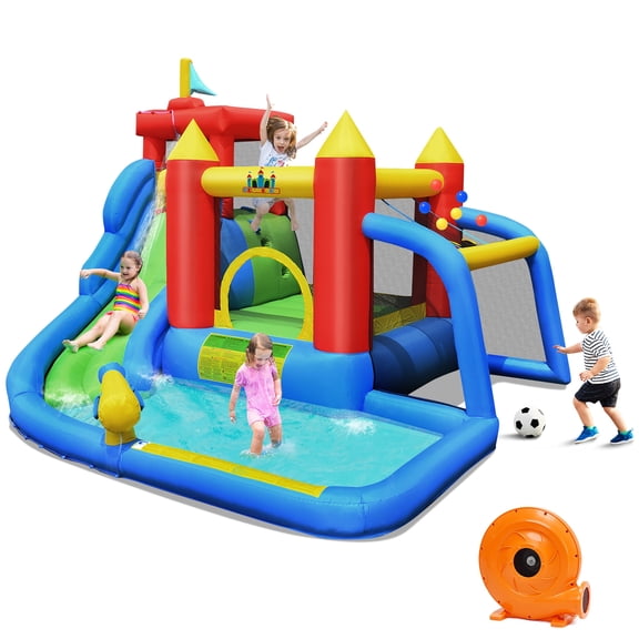 Costway Inflatable Bouncer Water Climb Slide Bounce House Splash Pool with Blower for Toddler, Bouncy Water Park