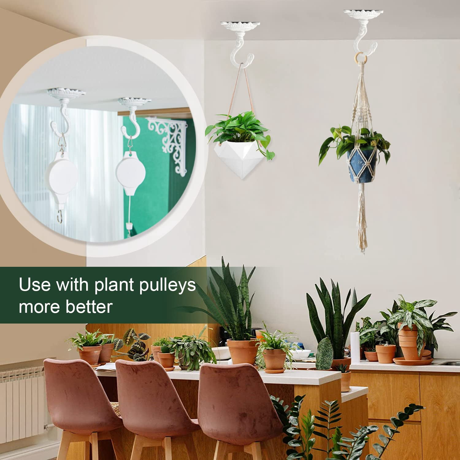 Sungmor Ceiling Hooks for Hanging Plants, 2PC White Cast Iron Ceiling Hooks, Antique Decorative Ceiling Swag Hooks for Hanging Planter Chandelier Wind Chime Lantern Hanger