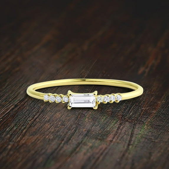 Classic Baguette and Round Diamond Moissanite Engagement Ring on 10k Gold