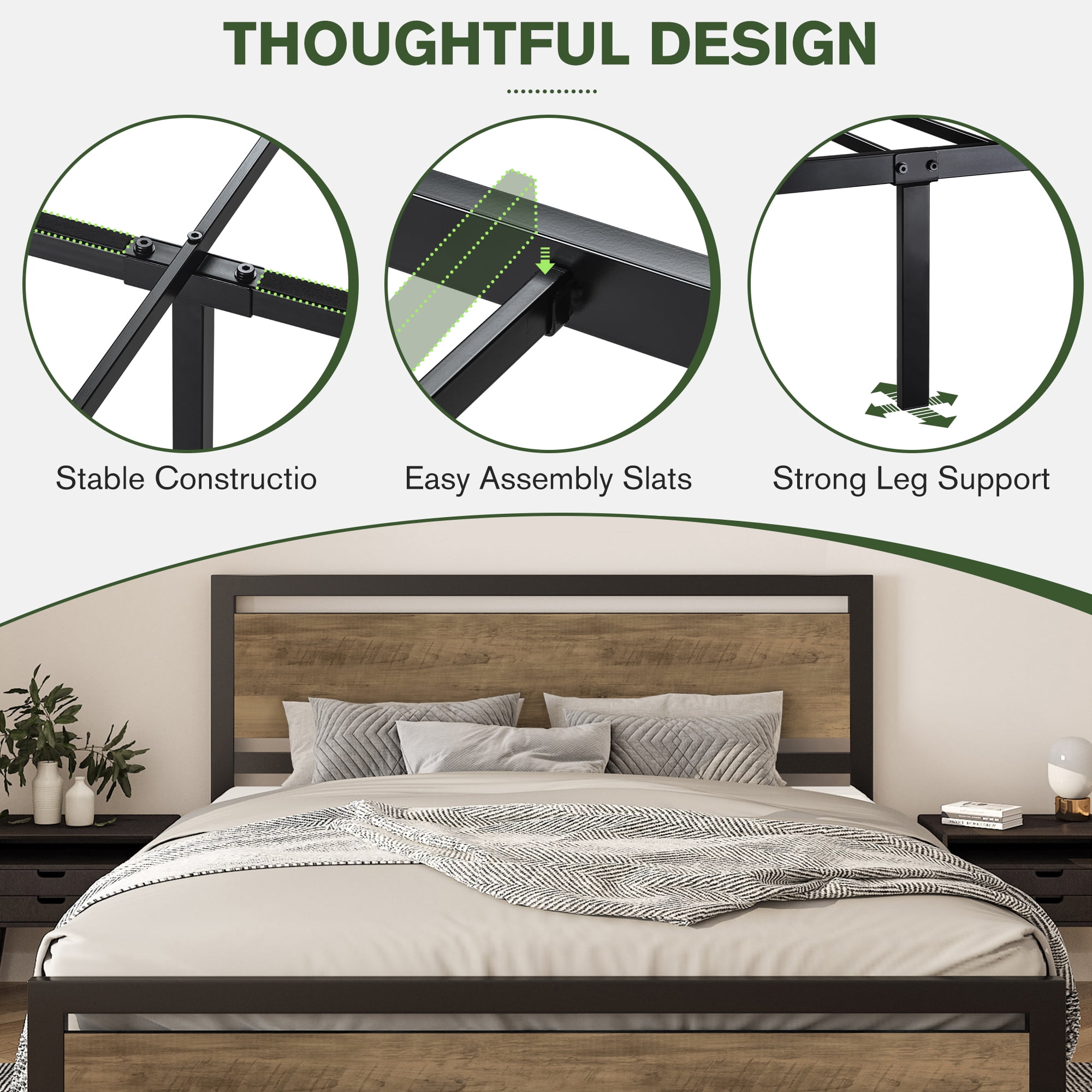 Einfach Queen Size Metal Platform Bed Frame with Wooden Headboard & Footboard, Brown