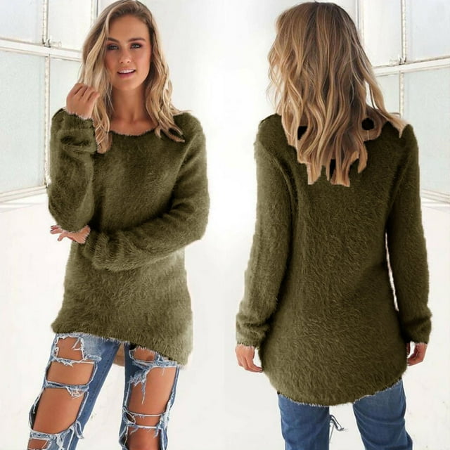 Jsaierl Women's Trendy Warm Sweaters Solid Color Long Sleeve Round Neck Pullovers Basic Loose Home Fluffy Fuzzy Jumper