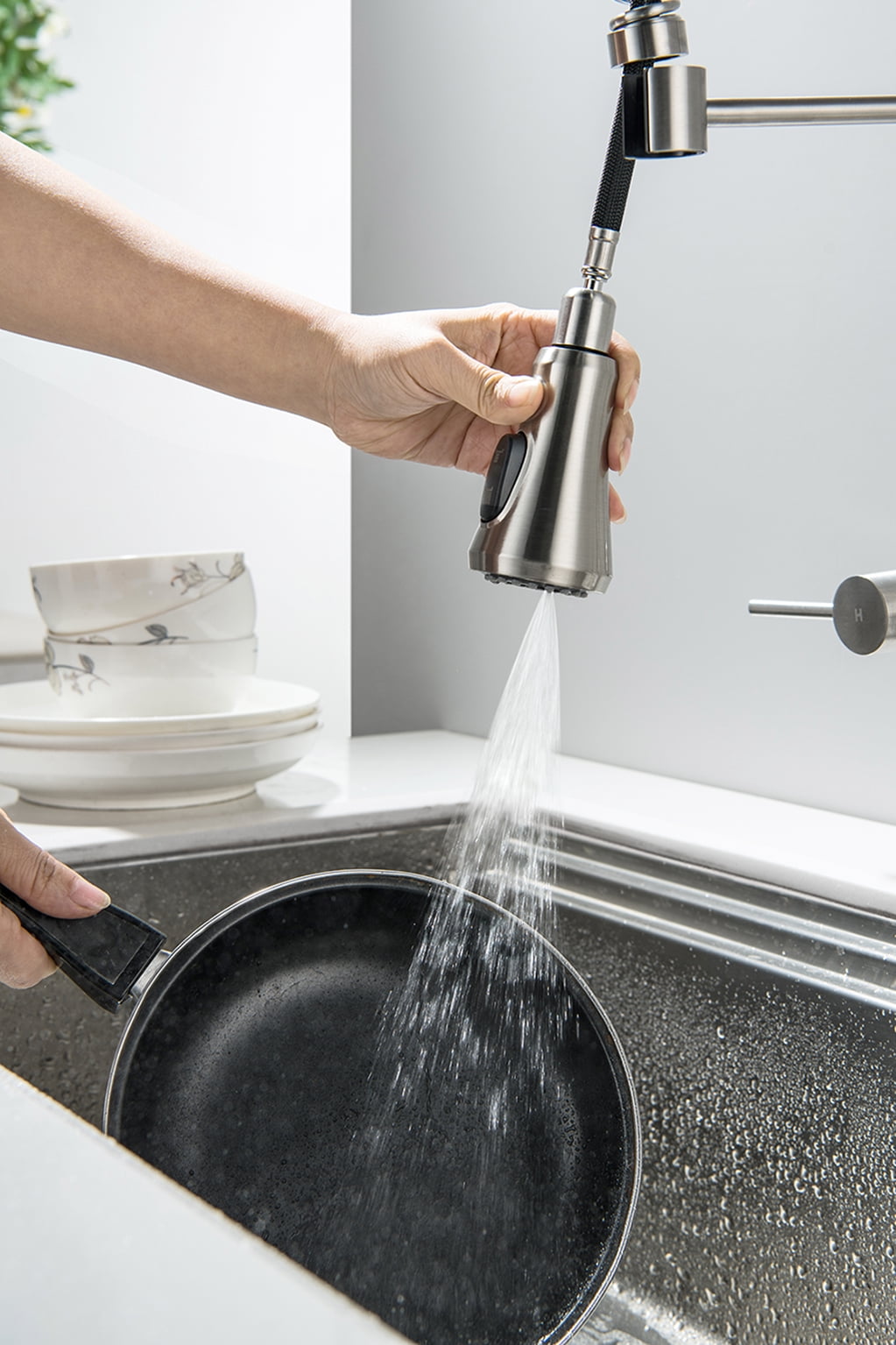 Wall Mount Kitchen Faucet, 8 Inch Center Wall Mount Kitchen Sink Faucet with Pull Down Sprayer Commercial, Brushed Nickel