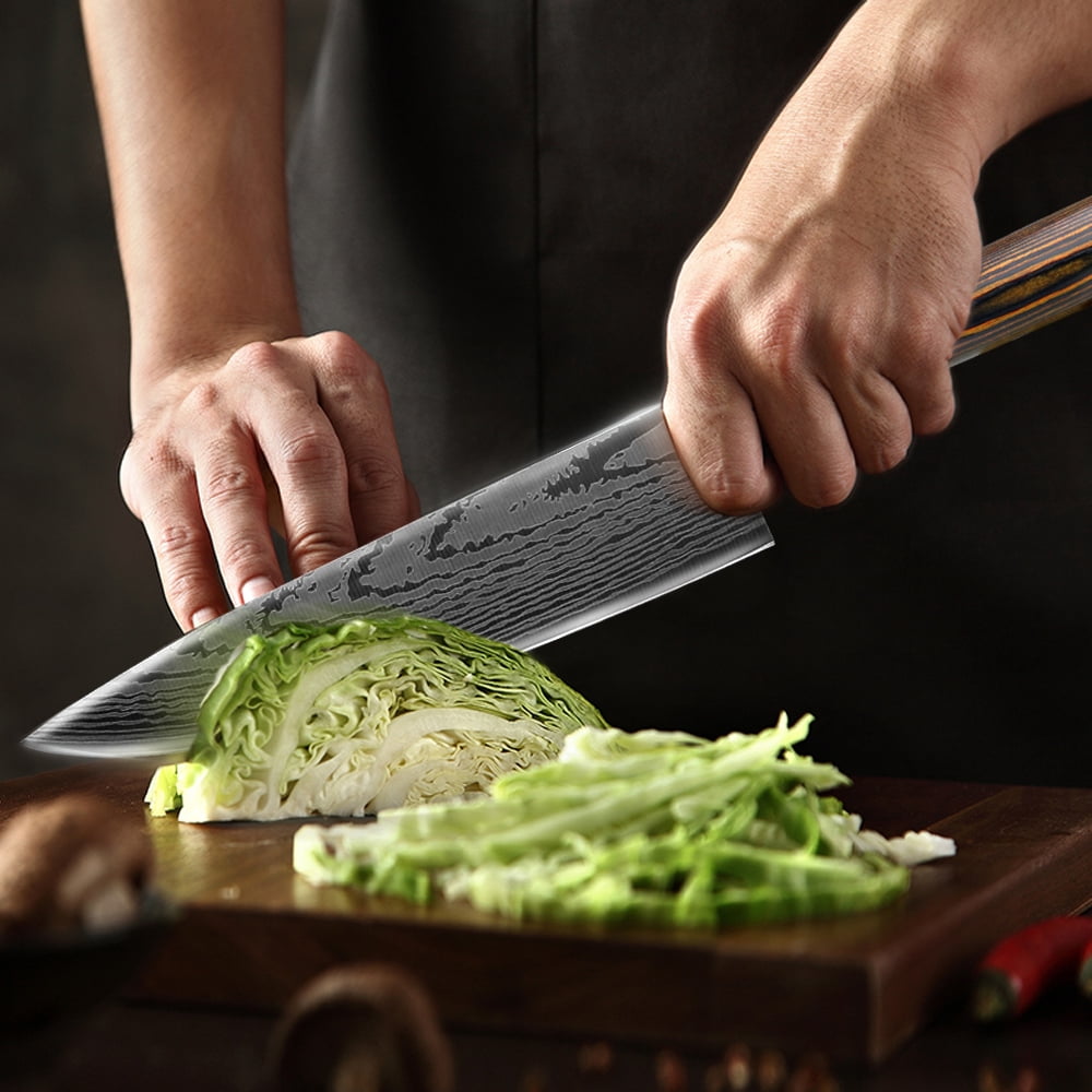 7Pcs Kitchen Knives Set, High-Carbon Steel Damascus Laser Chef Knife with Ergonomic Wooden Handle,Sharp Cutting Knives for Cooking