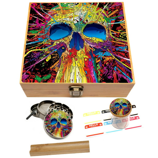 Large Herb Stash Box Kit Set Metal Grinder Uv Storage Jar Roller Label Skull Com - Best Diy Stash Box