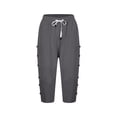 thumbnail image 4 of Pantalones capri con cintura elástica y botones laterales para mujer - Pantalones informales holgados de color liso, 4 of 5