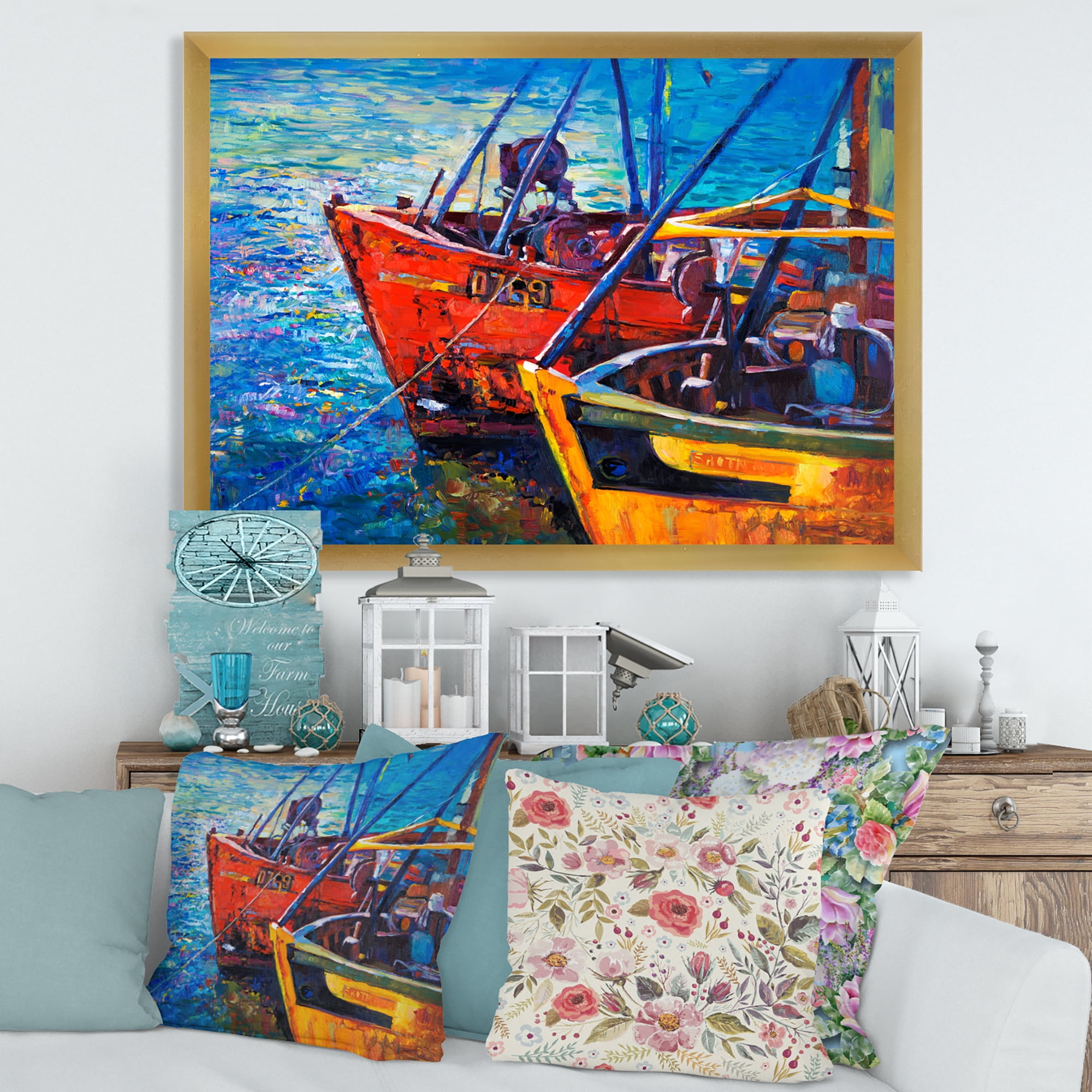 Boats During Warm Sunset Resting On The Water VII 40 in x 30 in Framed Painting Canvas Art Print, by Designart