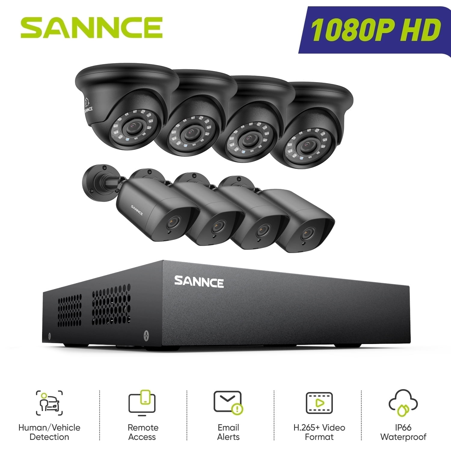 SANNCE 2MP 5in1 IR Home Security Camera System, 8CH Surveillance DVR and 8x1080p Weatherproof Camera, Night Vision, Motion Alerts, Remote Access, Surveillance Video Kits with NO HDD, Surveillance Sys