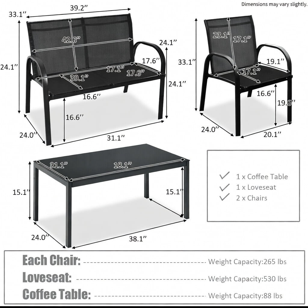 Hommoo 4-Piece Modern Outdoor Patio Furniture Set, Steel Frame Loveseat, Two Single Sofas & Tempered Glass Top Coffee Table for Backyard, Deck or Balcony, Black