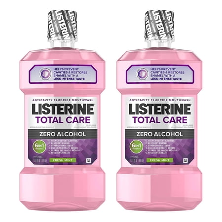 Listerine Total Care Alcohol-Free Anticavity Mouthwash, 6 Benefit Fluoride Mouthwash for Bad Breath and Enamel Strength, Fresh Mint Flavor, 1 L (Pack of 2)