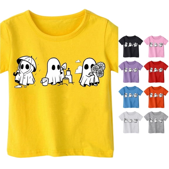 Ulitacool Tops For Girls Halloween O Neck Short Sleeve Cartoon Graphic Hallowma Tee 3-4 Years Yellow