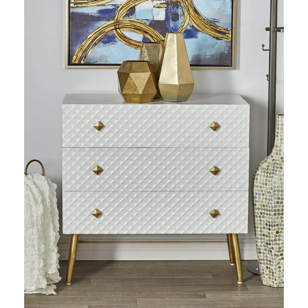 Decmode Wood Modern Minimalist Cabinet, Modern White Gold Dresser