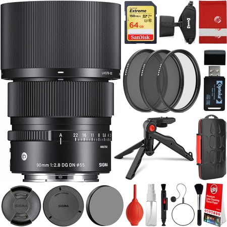Sigma 90mm f/2.8 DG DN Contemporary Lens Sony E-Mount Bundle with Extreme 64GB SDXC Memory Card, 3 Piece Filter Kit, Wrist Strap, Card Reader, Memory Card Case, Tabletop Tripod
