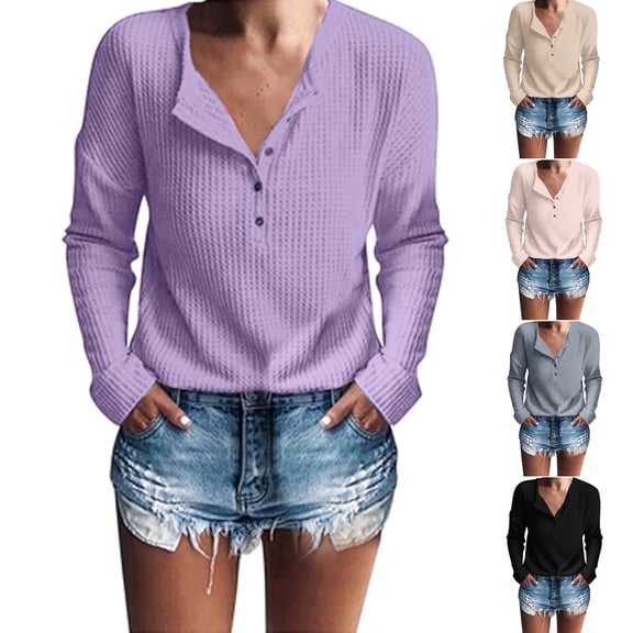 Womens Henley Shirts V Neck Long Sleeve Button Down Tops Warm Waffle Knit Tees Black L
