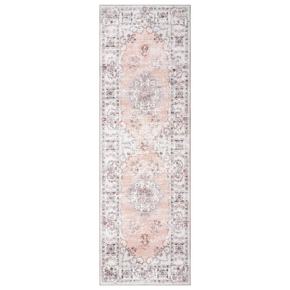 Washable Runner Rug – Non-Slip Low Pile Soft Distressed Vintage Carpet for Living Room Bedroom Kitchen Bathroom – Pink