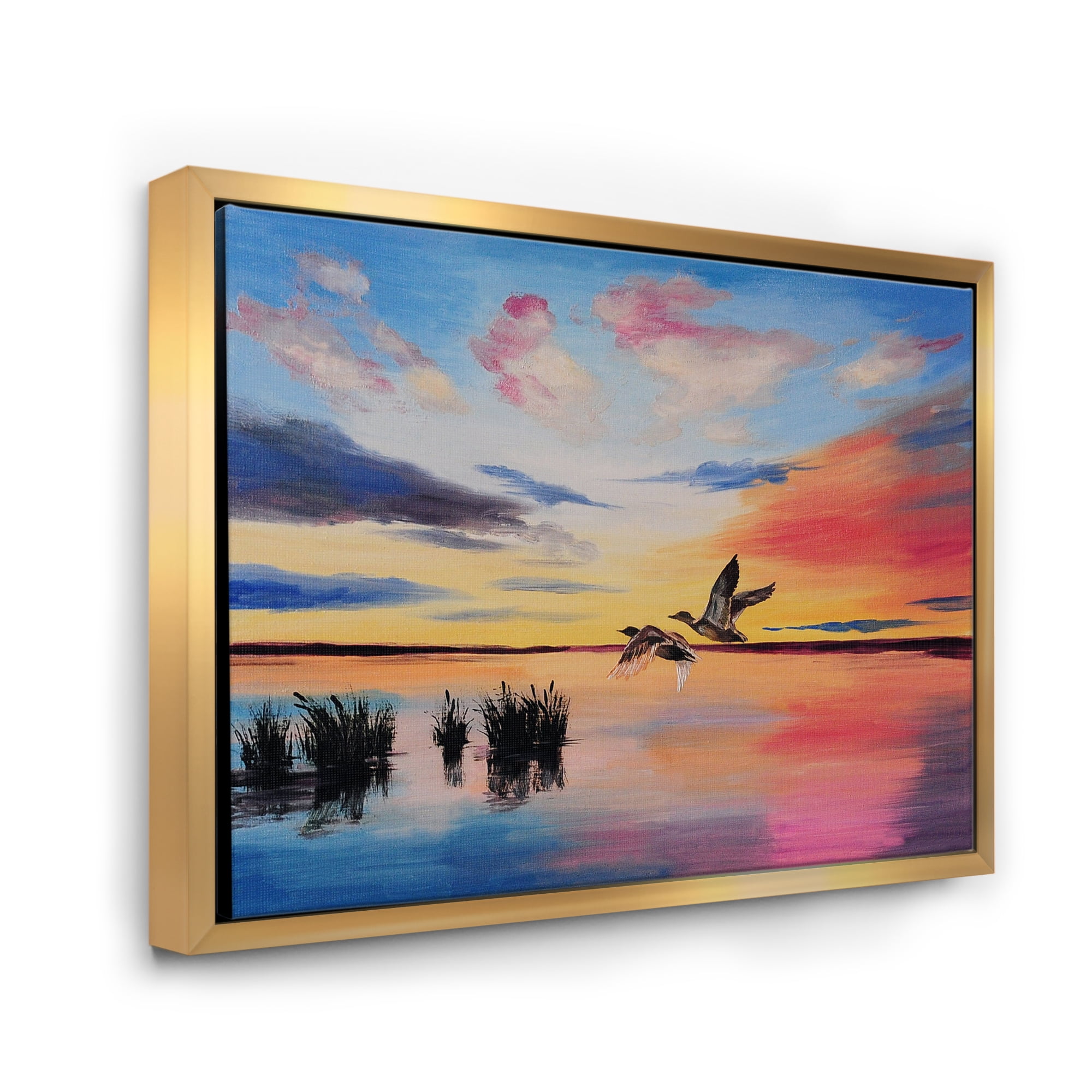 Crane Birds Flying During Colorful Sunset 32 in x 16 in Framed Painting Canvas Art Print, by Designart