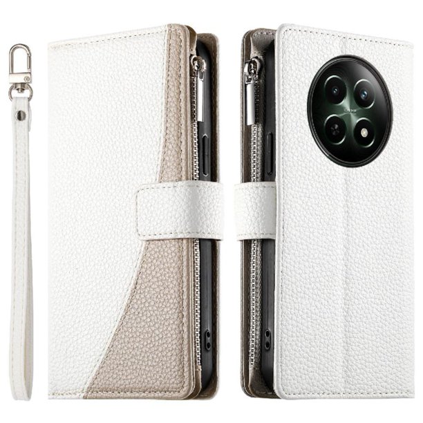 Funda cartera GANGXUN para Realme C65 5G , cuero PU con tarjetero, cremallera, correa de mano, soporte y protección 885°