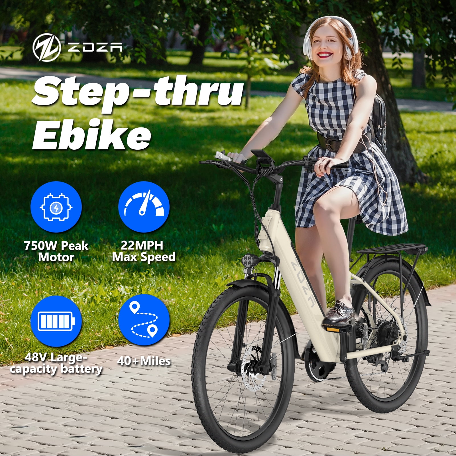 ZDZA Electric Bike for Adults 26”, 750W Peak Motor Ebike for Woman, 48V Removable Battery, 7 Speed Step-thru Electric Bicycle with Rear Shelf UL2849