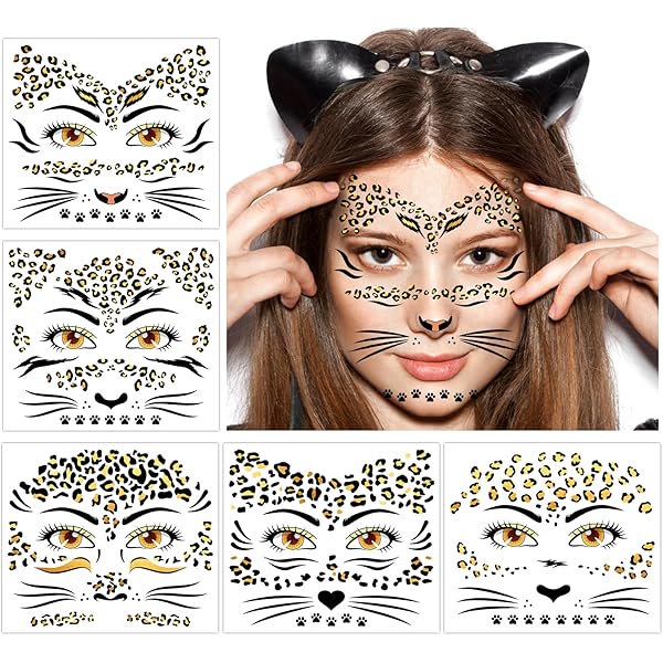 wonima02 5 Sheets Cheetah Face Temporary Tattoos for Women & Girls – Cheetah Print, Spotted Face & Leopard Makeup for Parties, Cosplay, Festivals & Bold Style