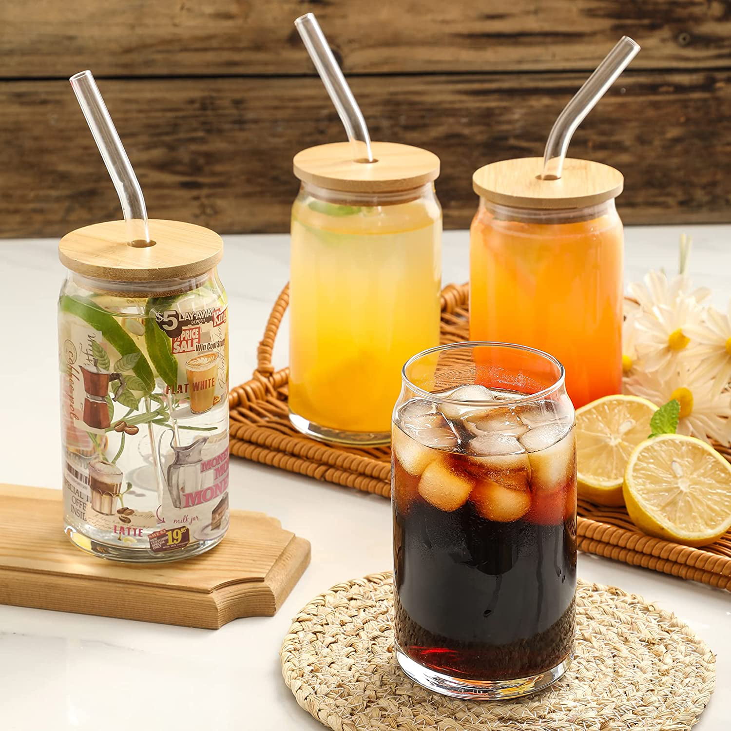 AYAOQIANG 6pcs Glass Cups with Bamboo Lids and Glass Straws, 22oz