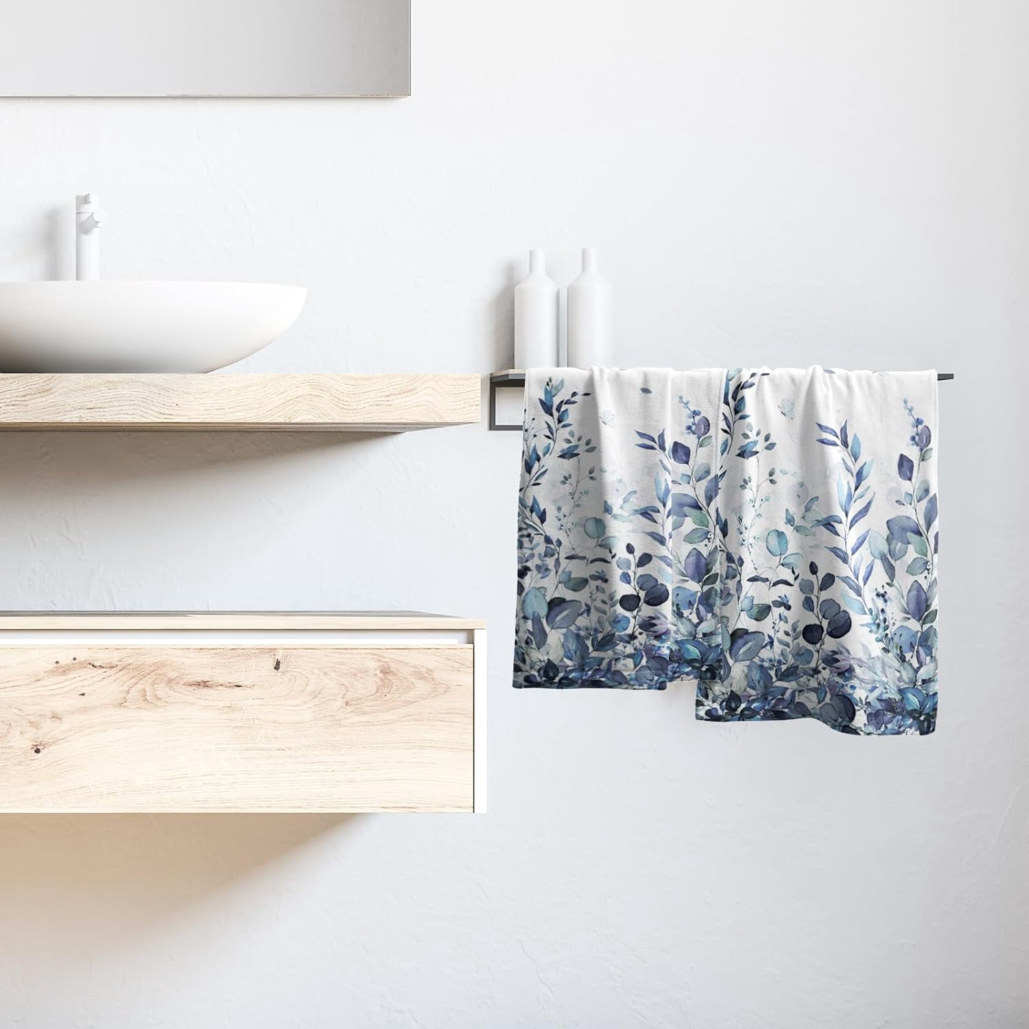 Blue Eucalyptus Leaves Hand Towels Set of 2, Botanical Leaf Floral Face Towel 28X14 inch, Quick Dry Ultra Absorbent Soft Washcloths for Kitchen Bathroom Yoga Workout Gym