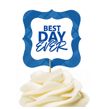 12pack Best Day Ever Blue Plaid Cupcake Desert Appetizer Food Picks for Weddings, Birthdays, Baby Showers, Events & (Best Food Delivery Nyc)