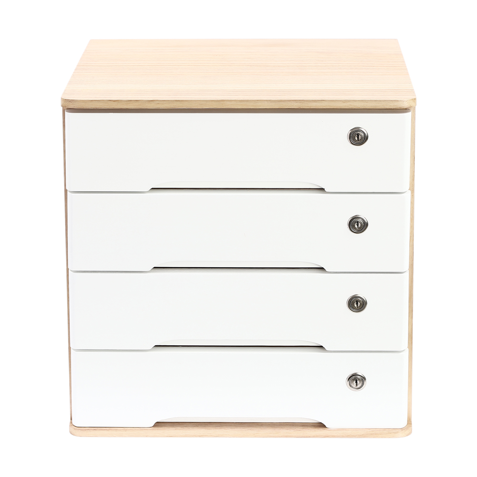 4 Tier Wooden Desktop Storage Box with Lockable Drawers, Office Supplies File Organizer, Art Storage Cabinets, Multipurpose Tool Box for Home Office(Wood Color + White)