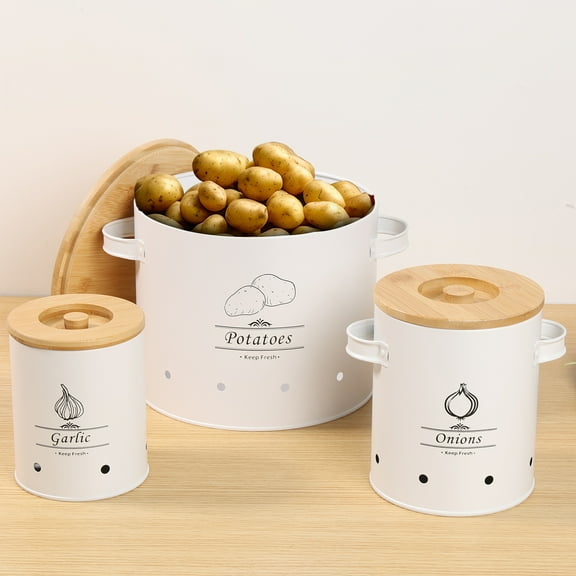 3Pcs Onion Storage Canister 3 Sizes Potato Storage Bins Carbon Steel Vegetable Storage Tins with Handle Stackable Potato Keeper Practical Garlic Storage Bin for Home Kitchen