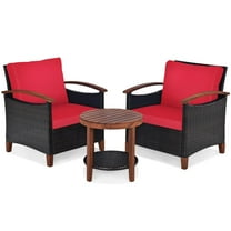 Giantex 3 Pieces Patio Furniture Set, Outdoor Rattan Sofa and Side Table with Solid Acacia Wood Frame, High Load Bearing Conversation Bistro Set with Washable and Removable Cushions