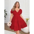 thumbnail image 3 of AURA Elegant Red Knit V Neck High Waist Ruffle A Line Dress Short Sleeve Plus Size 1XL 3XL, 3 of 7