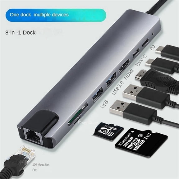 8-in-1 Usb C Hub for MacBook, 4K HDMI, 100W PD, 3 USB 3.0, SD/TF, Ethernet - Aluminum,Gray,Type-C