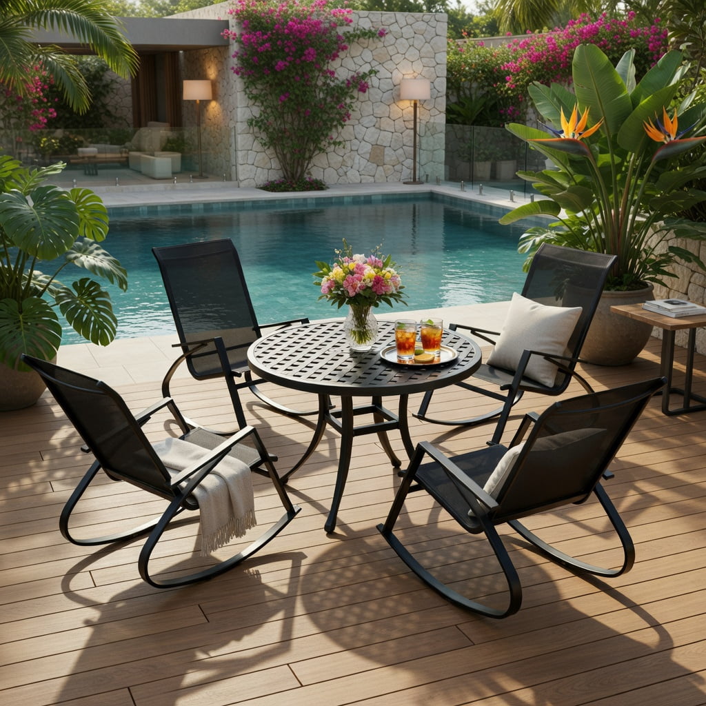Hommoo 2-Pack Outdoor Rocking Chairs for Patio, Ergonomic Sling Fabric Rockers with Sturdy Steel Frame, Breathable Seat & Anti-Slip Base, Black